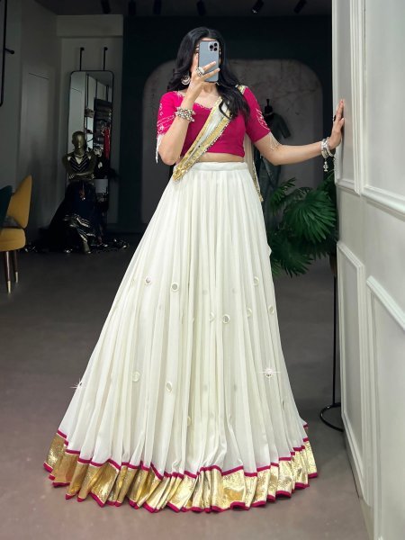 Lightweight White Pink Embossed Lehenga Choli with Real Mirror Work and Dupatta Shop by Occasion
