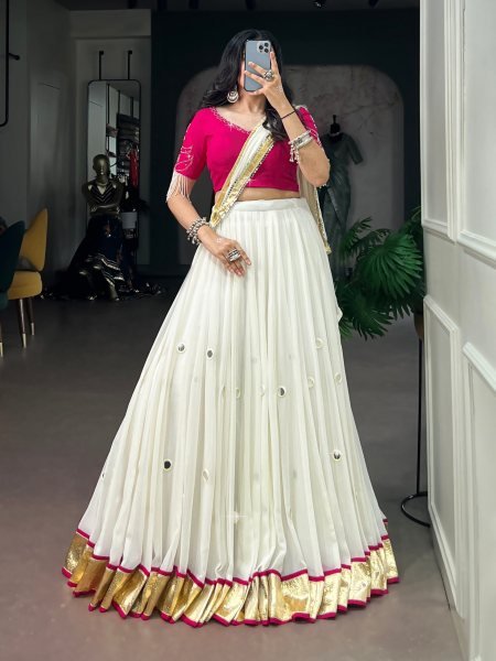 Lightweight White Pink Embossed Lehenga Choli with Real Mirror Work and Dupatta Navratri Lehnega Choli