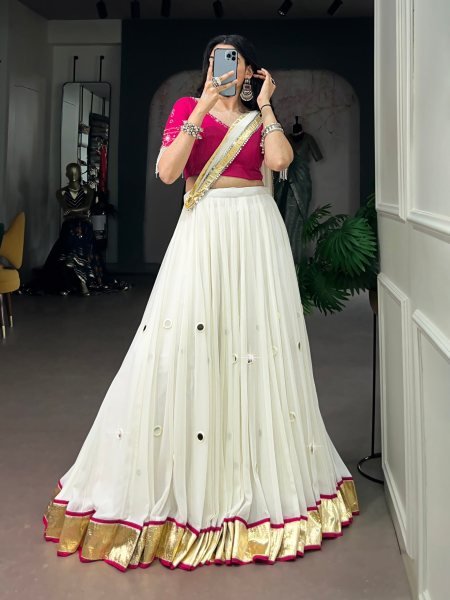 Lightweight White Pink Embossed Lehenga Choli with Real Mirror Work and Dupatta Navratri Lehnega Choli