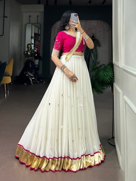 Lightweight White Pink Embossed Lehenga Choli with Real Mirror Work and Dupatta Navratri Lehnega Choli