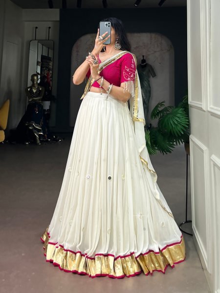 Lightweight White Pink Embossed Lehenga Choli with Real Mirror Work and Dupatta Navratri Lehnega Choli