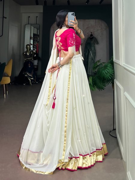 Lightweight White Pink Embossed Lehenga Choli with Real Mirror Work and Dupatta Navratri Lehnega Choli