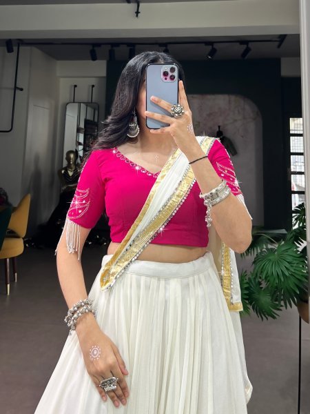 Lightweight White Pink Embossed Lehenga Choli with Real Mirror Work and Dupatta Navratri Lehnega Choli