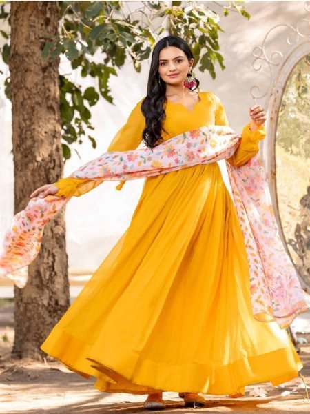 Lightweight Yellow Flared Gown with Printed Dupatta at Wholesale Rate Kurtis