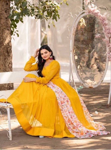 Lightweight Yellow Flared Gown with Printed Dupatta at Wholesale Rate Anarkali Kurtis 