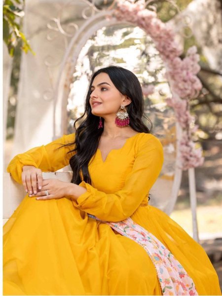Lightweight Yellow Flared Gown with Printed Dupatta at Wholesale Rate Anarkali Kurtis 