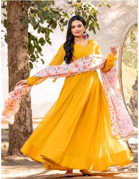 Lightweight Yellow Flared Gown with Printed Dupatta at Wholesale Rate Anarkali Kurtis 
