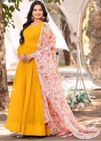 Lightweight Yellow Flared Gown with Printed Dupatta at Wholesale Rate Anarkali Kurtis 