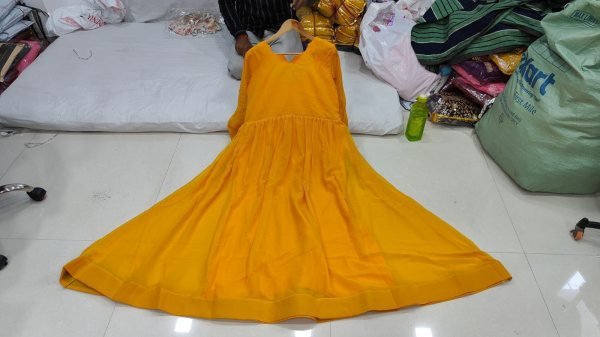 Lightweight Yellow Flared Gown with Printed Dupatta at Wholesale Rate Anarkali Kurtis 
