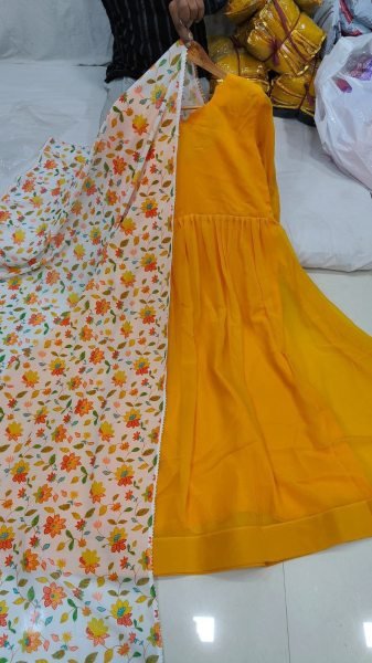 Lightweight Yellow Flared Gown with Printed Dupatta at Wholesale Rate Anarkali Kurtis 