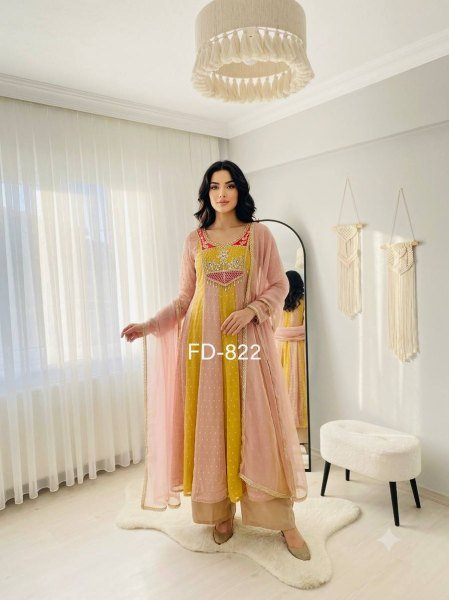 Lightweight Yellow Peach  Salsa Crush Butty Gown with Micro Silk Pant and Dupatta Ready To Wear Collection