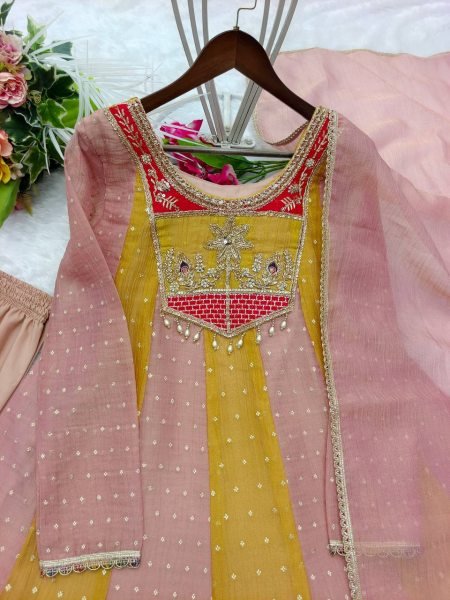 Lightweight Yellow Peach  Salsa Crush Butty Gown with Micro Silk Pant and Dupatta Ready To Wear Collection