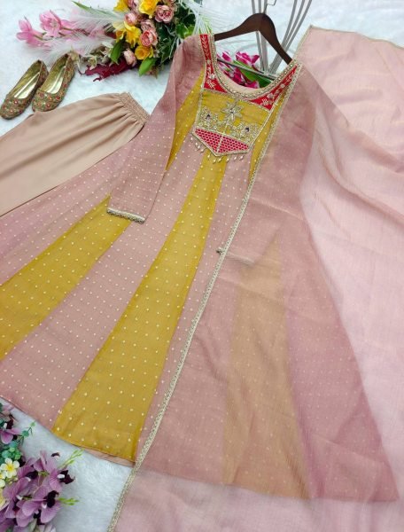 Lightweight Yellow Peach  Salsa Crush Butty Gown with Micro Silk Pant and Dupatta Ready To Wear Collection