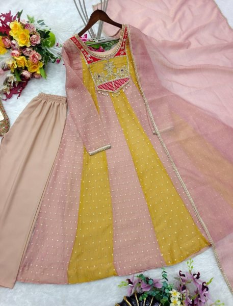 Lightweight Yellow Peach  Salsa Crush Butty Gown with Micro Silk Pant and Dupatta Ready To Wear Collection