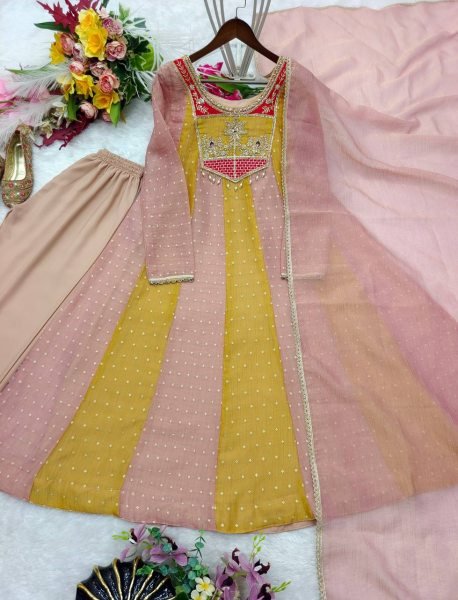 Lightweight Yellow Peach  Salsa Crush Butty Gown with Micro Silk Pant and Dupatta Ready To Wear Collection