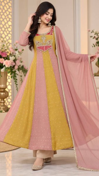 Lightweight Yellow Peach  Salsa Crush Butty Gown with Micro Silk Pant and Dupatta Ready To Wear Collection
