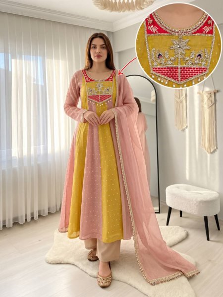 Lightweight Yellow Peach  Salsa Crush Butty Gown with Micro Silk Pant and Dupatta Ready To Wear Collection