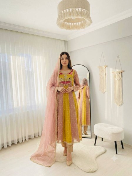 Lightweight Yellow Peach  Salsa Crush Butty Gown with Micro Silk Pant and Dupatta Ready To Wear Collection
