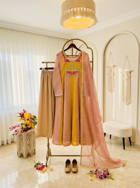 Lightweight Yellow Peach  Salsa Crush Butty Gown with Micro Silk Pant and Dupatta Ready To Wear Collection