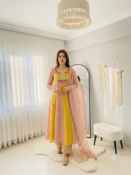 Lightweight Yellow Peach  Salsa Crush Butty Gown with Micro Silk Pant and Dupatta Ready To Wear Collection
