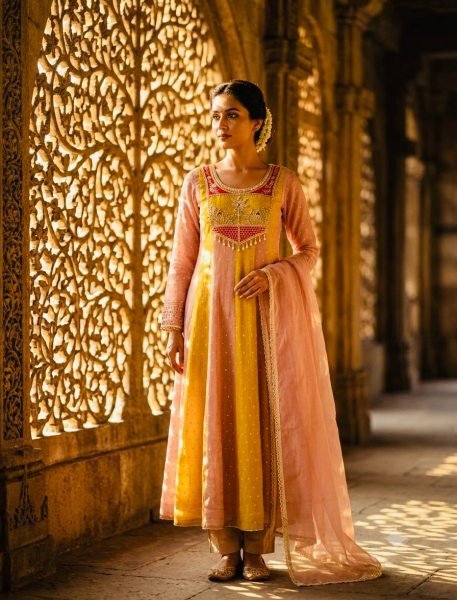 Lightweight Yellow Peach  Salsa Crush Butty Gown with Micro Silk Pant and Dupatta Ready To Wear Collection