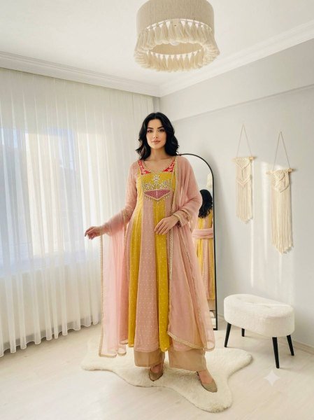 Lightweight Yellow Peach  Salsa Crush Butty Gown with Micro Silk Pant and Dupatta Ready To Wear Collection
