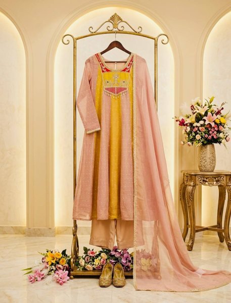 Lightweight Yellow Peach  Salsa Crush Butty Gown with Micro Silk Pant and Dupatta Ready To Wear Collection