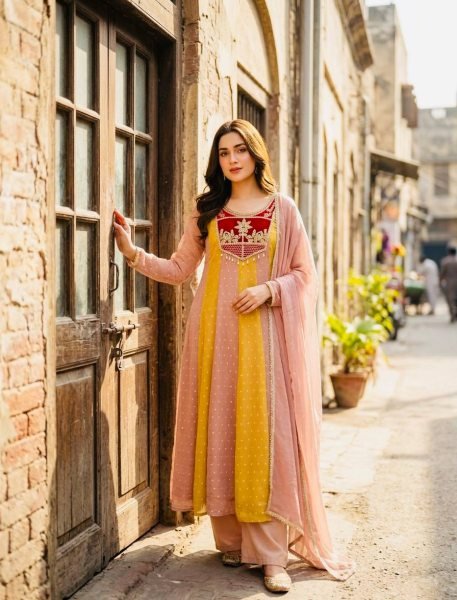 Lightweight Yellow Peach  Salsa Crush Butty Gown with Micro Silk Pant and Dupatta Ready To Wear Collection