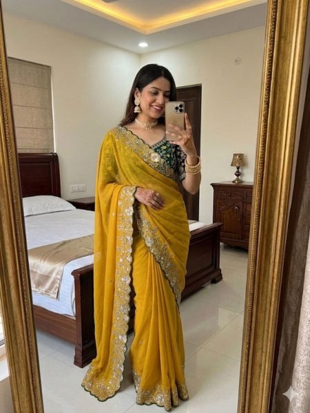 Lightweight Yellow Star Georgette Saree with Heavy Work Blouse for Festive Collection Sarees 