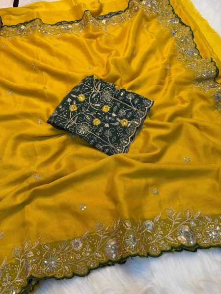 Lightweight Yellow Star Georgette Saree with Heavy Work Blouse for Festive Collection Georgette Sarees Wholesale