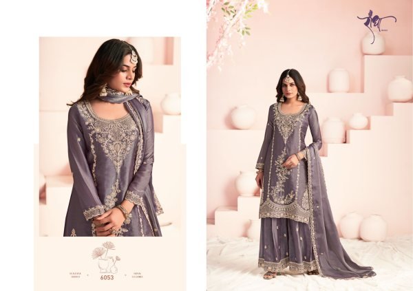 Lilac Grey Moss Silk Embroidered Palazzo Style Suit by Radha Trendz   Designer Plazzo Salwar Suits Wholesale