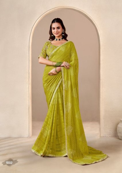 Lime Green Bandhani Printed Charm In Georgette With Sparkling Sequin Embroidered Border Georgette Sarees Wholesale