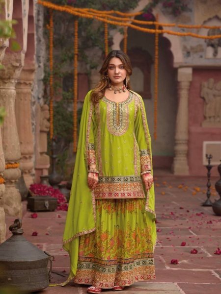 lime green chinon embroidered gharara suit pakistani partywear Ready To Wear Suit