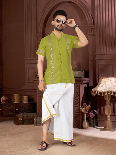 Lime Green Magic Cotton Foil Printed Shirt and 2 Mtr Dhoti Combo Traditional Wear for Men  Mens Shirt
