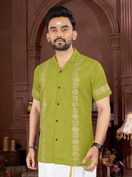Lime Green Magic Cotton Foil Printed Shirt and 2 Mtr Dhoti Combo Traditional Wear for Men  Mens Shirt