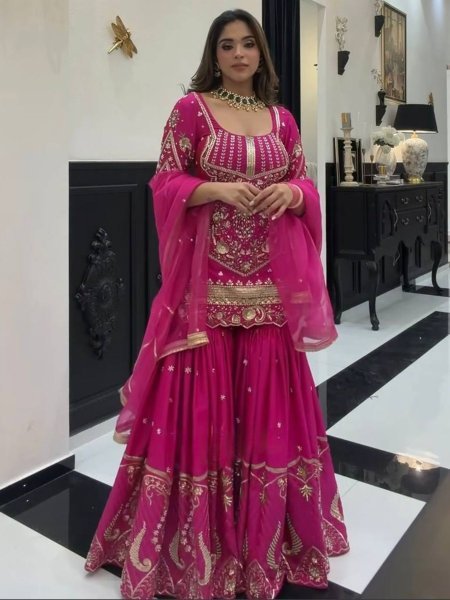 Limited Edition Glam Heavy Sindoor Silk 3mm Sequence Embroidery Work Top With Plazzo And Butterfly Net Dupatta 