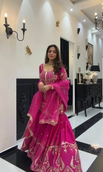 Limited Edition Glam Heavy Sindoor Silk 3mm Sequence Embroidery Work Top With Plazzo And Butterfly Net Dupatta Ready To Wear Collection