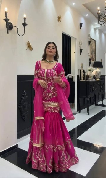 Limited Edition Glam Heavy Sindoor Silk 3mm Sequence Embroidery Work Top With Plazzo And Butterfly Net Dupatta Ready To Wear Collection