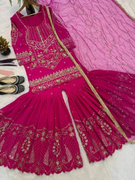 Limited Edition Glam Heavy Sindoor Silk 3mm Sequence Embroidery Work Top With Plazzo And Butterfly Net Dupatta Ready To Wear Collection