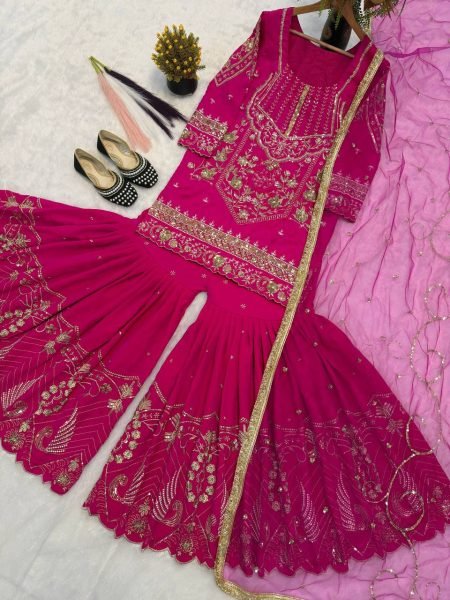 Limited Edition Glam Heavy Sindoor Silk 3mm Sequence Embroidery Work Top With Plazzo And Butterfly Net Dupatta Ready To Wear Collection