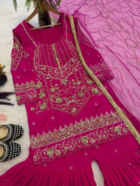 Limited Edition Glam Heavy Sindoor Silk 3mm Sequence Embroidery Work Top With Plazzo And Butterfly Net Dupatta Ready To Wear Collection