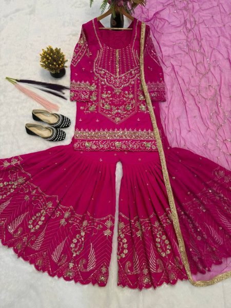 Limited Edition Glam Heavy Sindoor Silk 3mm Sequence Embroidery Work Top With Plazzo And Butterfly Net Dupatta Ready To Wear Collection