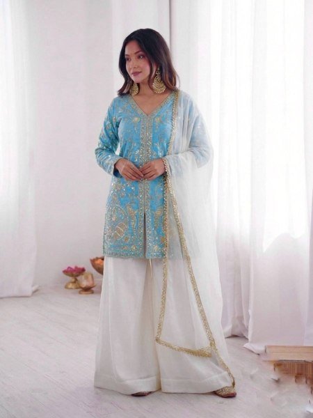 Limited Sky Blue Silk Embroidered Top With Party Wear Plazzo And Lace Border Dupatta