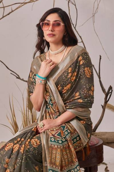 Linen Cotton Floral Digital Print Saree with Matching Printed Blouse at Best Rates Cotton Sarees Wholesale