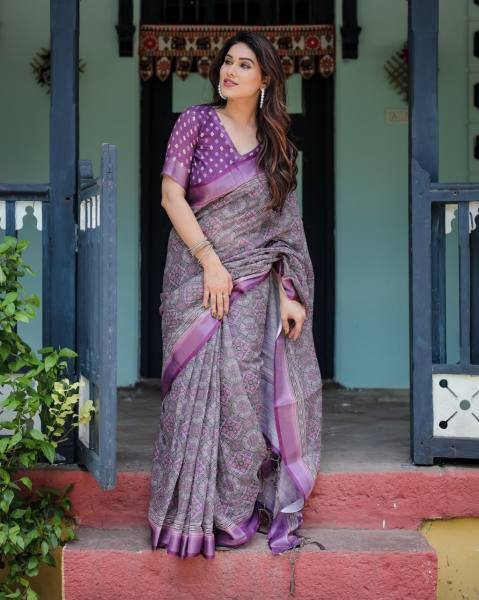 Linen Cotton Saree with Woven Geometric Design and Contrast Border Linen Sarees Wholesale