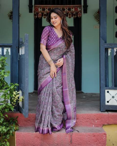 Linen Cotton Saree with Woven Geometric Design and Contrast Border Linen Sarees Wholesale
