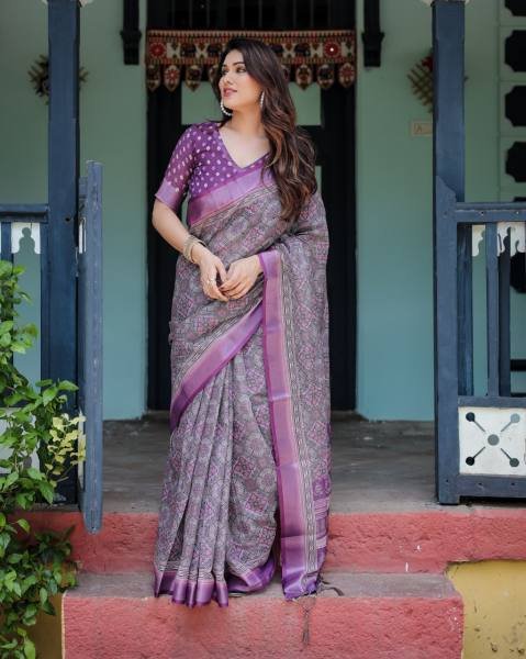 Linen Cotton Saree with Woven Geometric Design and Contrast Border Linen Sarees Wholesale