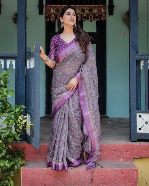 Linen Cotton Saree with Woven Geometric Design and Contrast Border Linen Sarees Wholesale