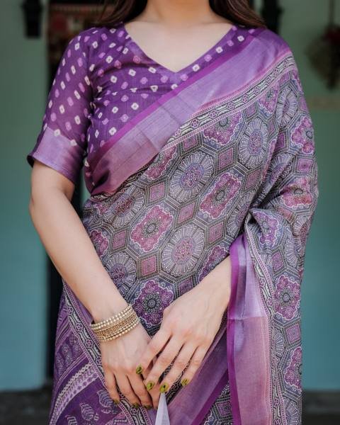 Linen Cotton Saree with Woven Geometric Design and Contrast Border Linen Sarees Wholesale