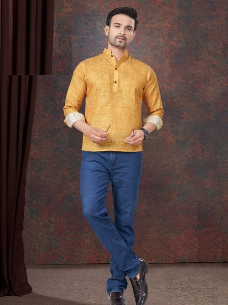 Linen Printed Mustard Yellow Waist Length Mens Short Kurta Mens Wear